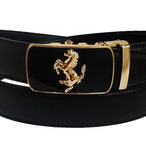 Black Leather Belt Automatic Buckle Slide NoHole Strep Ratchet Gold Horse Buckle
